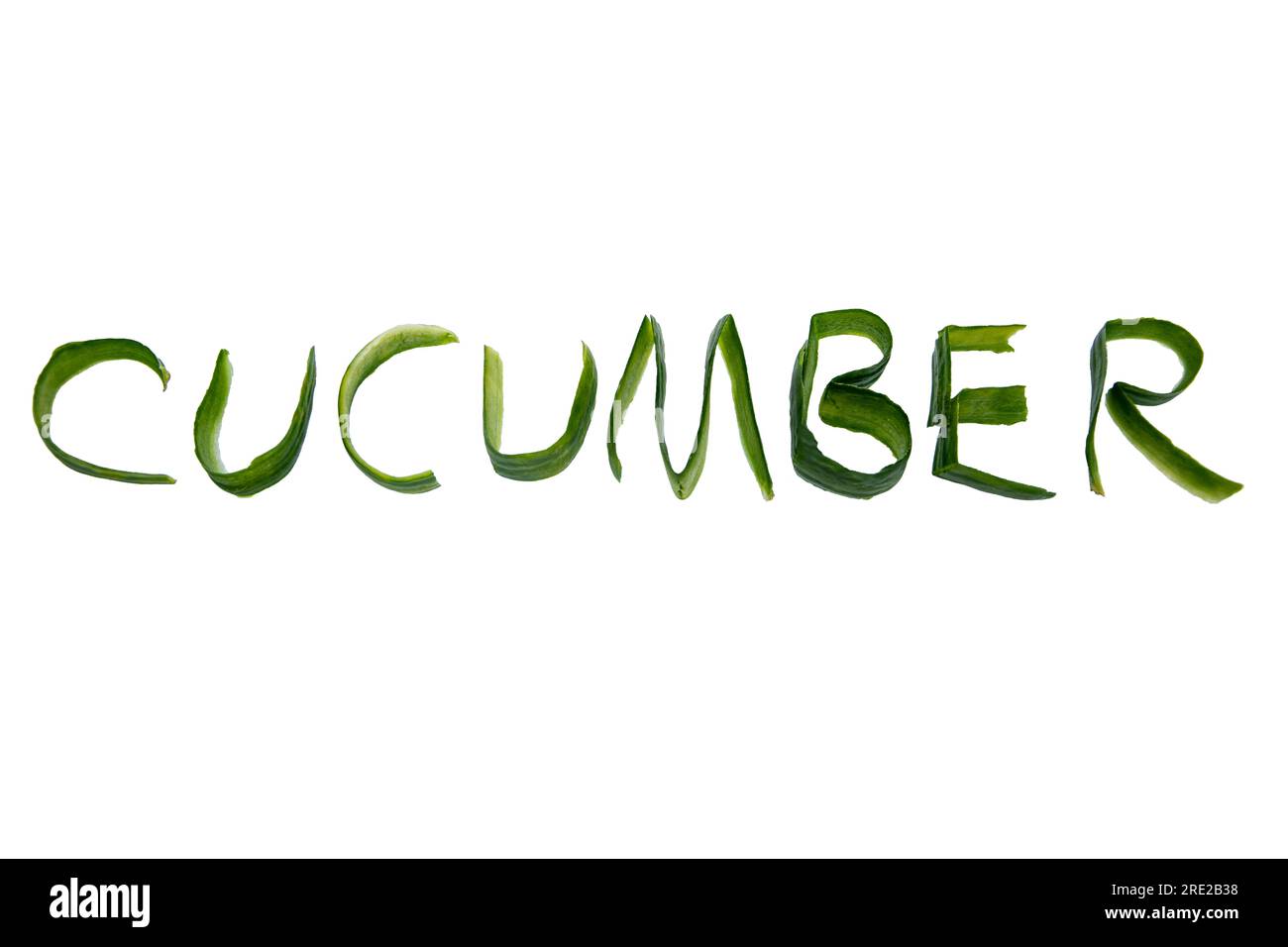 Cucumber word written with cucumber peel on white isolated background