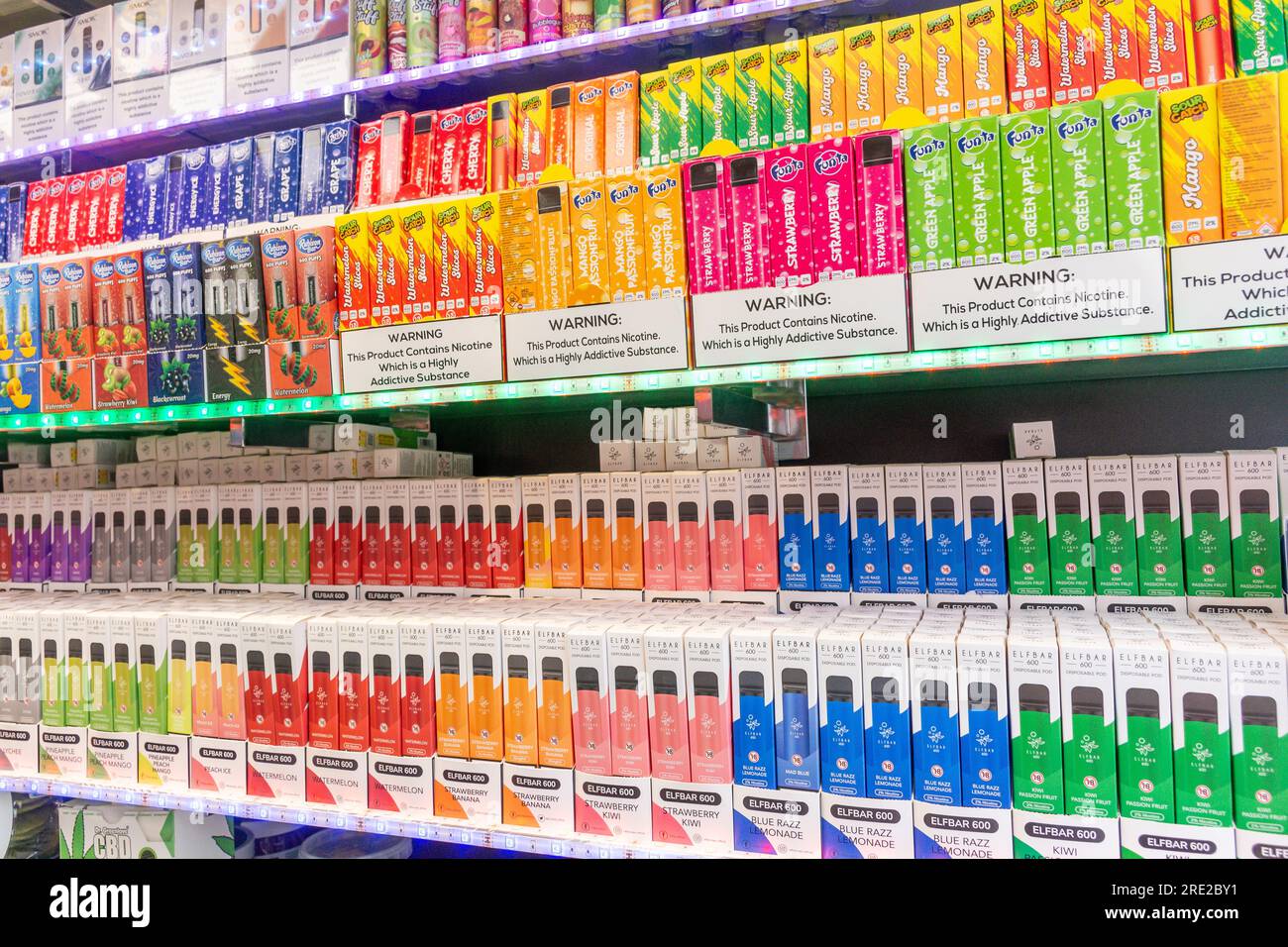 Selection of vaping products inside general store, Shaftesbury Avenue, West End, City of Westminster, Greater London, England, United Kingdom Stock Photo
