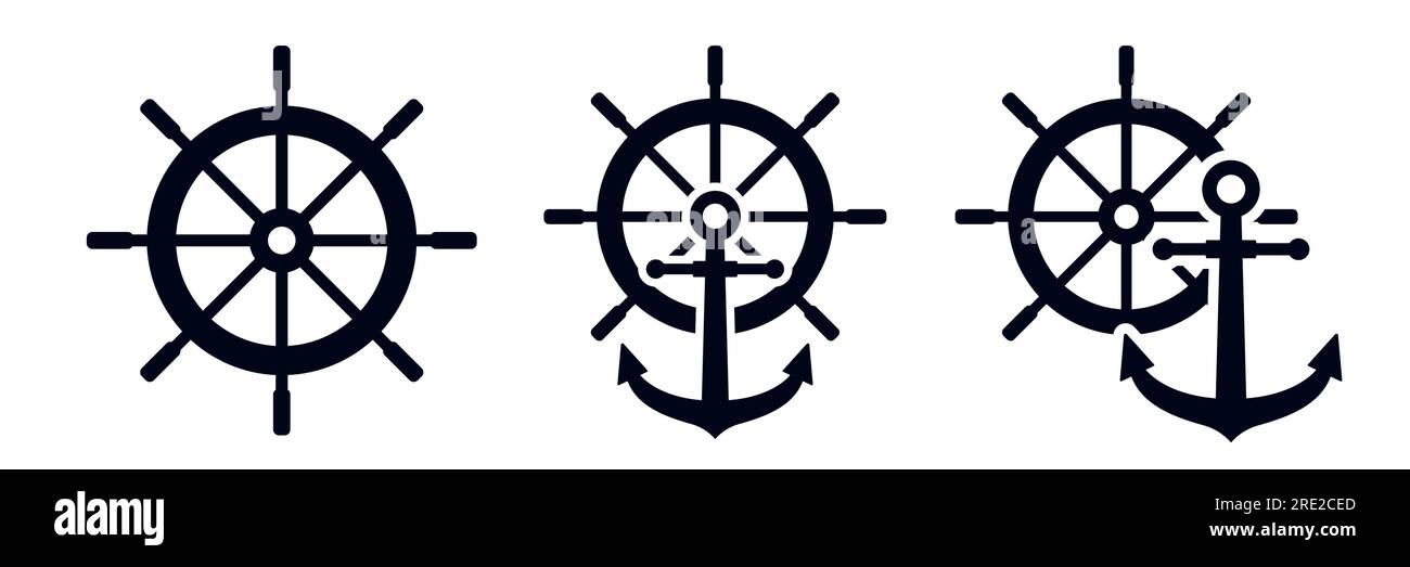 Ship steering wheel icon and steering wheel anchor symbols vector