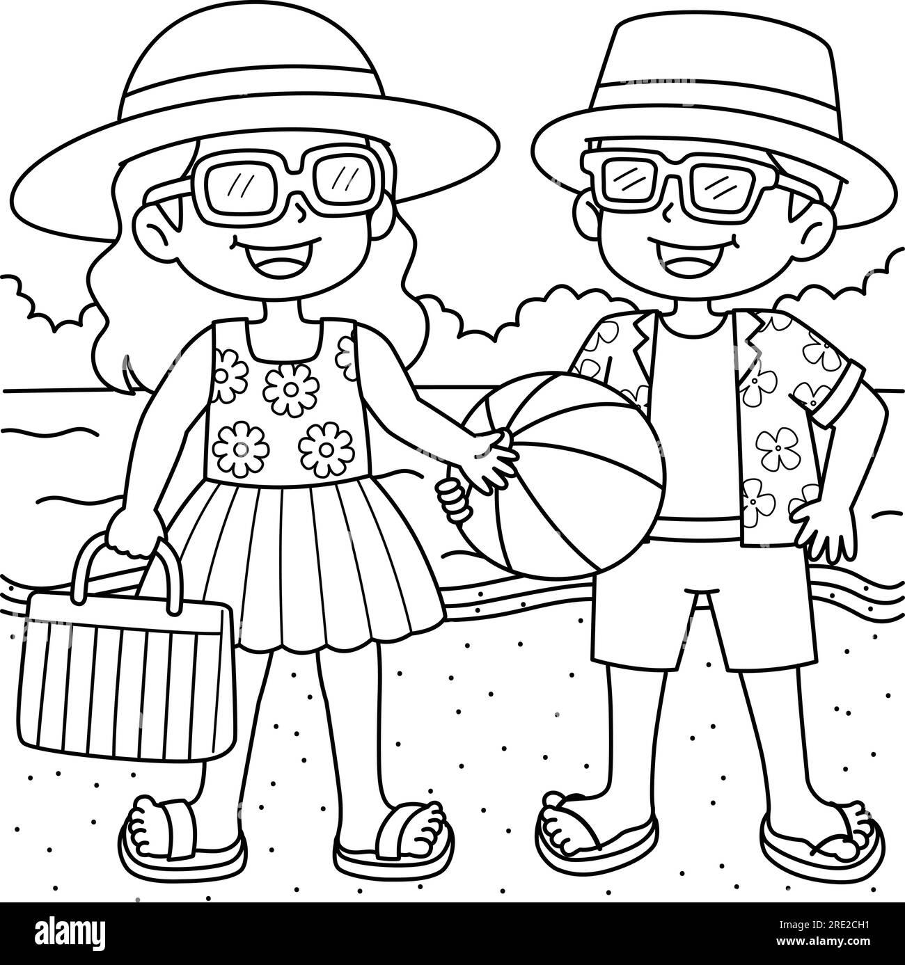 Children in a Summer Outfit Coloring Page for Kids Stock Vector Image ...