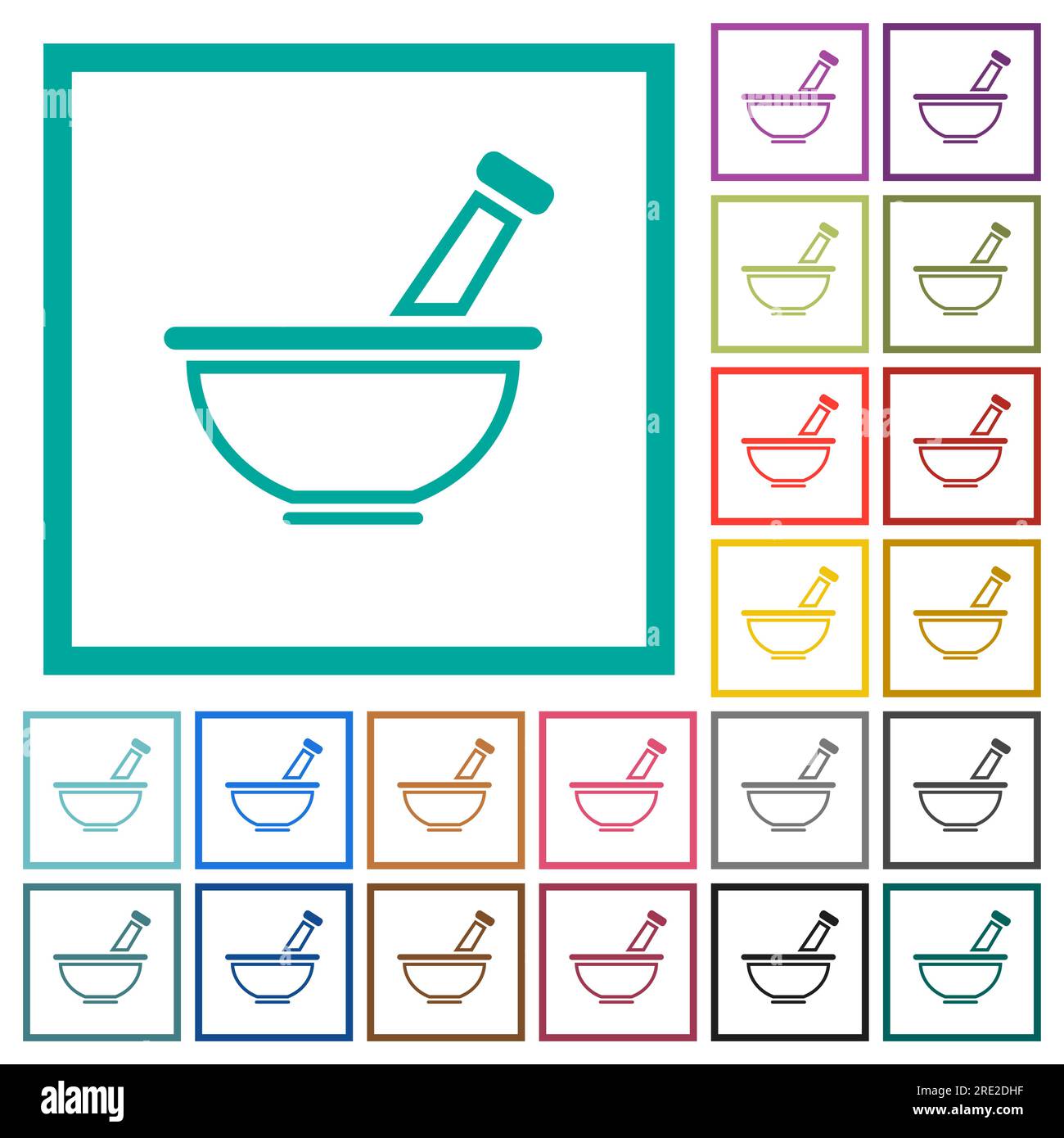 Mortar and pestle outline flat color icons with quadrant frames on