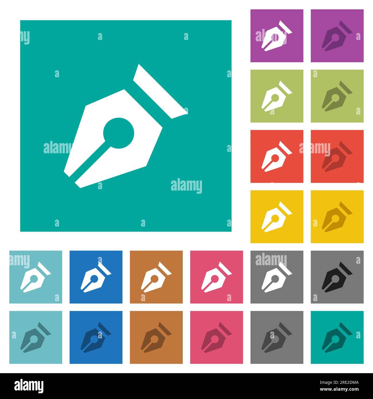 Nib solid multi colored flat icons on plain square backgrounds. Included white and darker icon variations for hover or active effects. Stock Vector