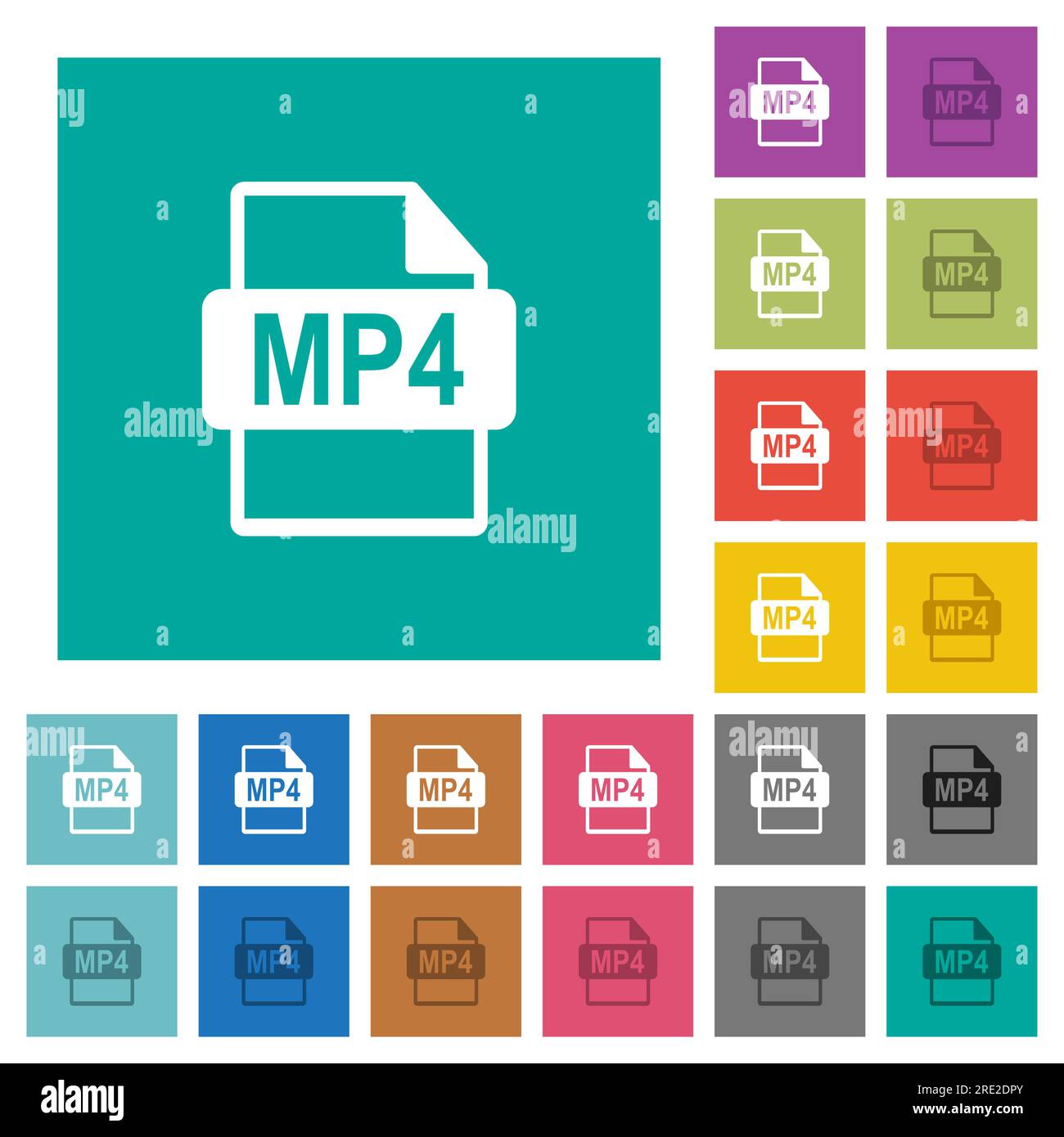 MP4 file format multi colored flat icons on plain square backgrounds. Included white and darker icon variations for hover or active effects. Stock Vector