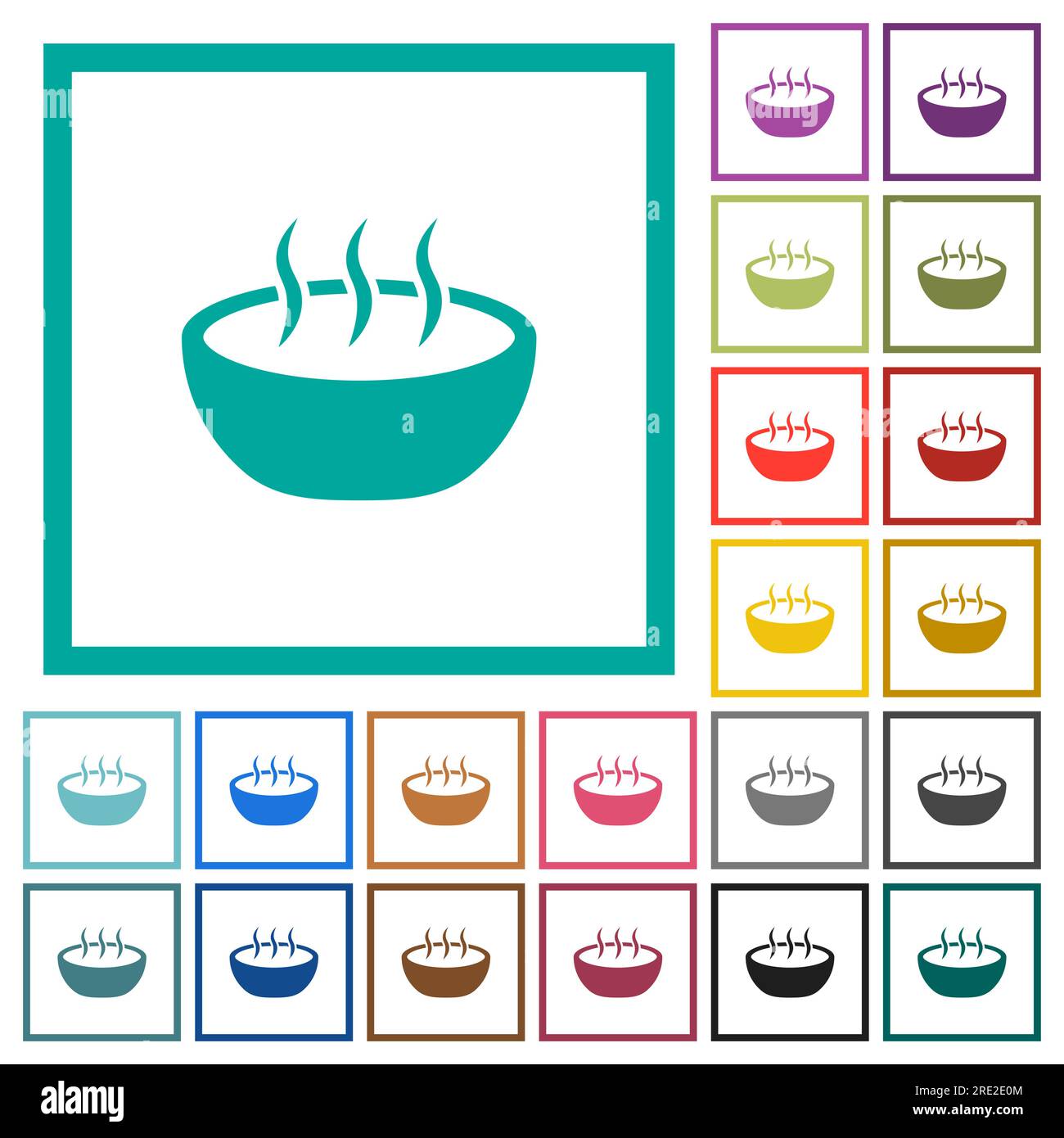 Steaming bowl flat color icons with quadrant frames on white background Stock Vector