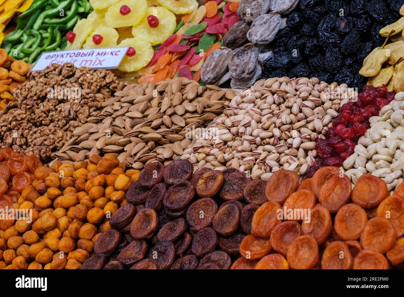 Kazakhstan, Almaty. Dried Fruits and Nuts in the Green Bazaar. Stock Photo