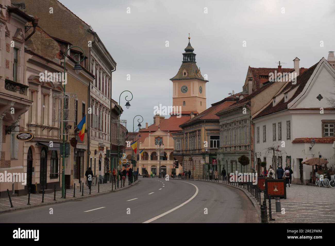 view of a typical street in the center of romanian city sibiu