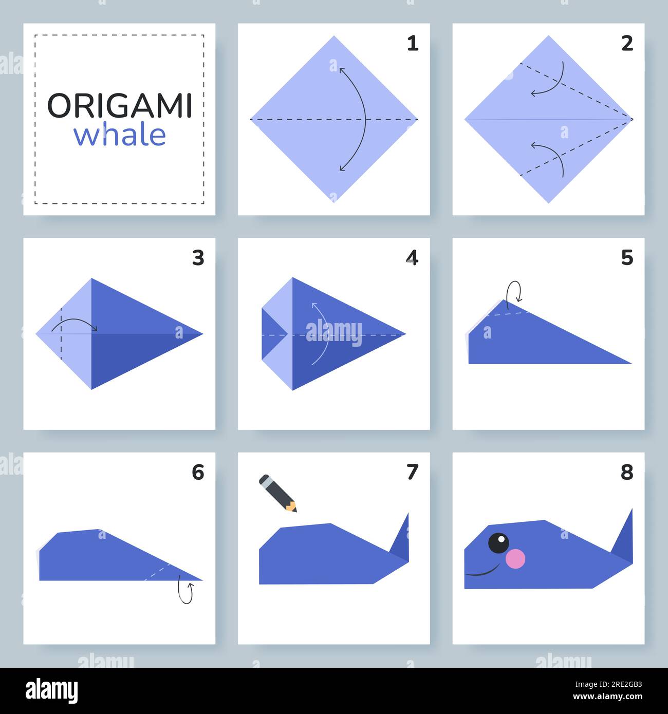 Origami tutorial for kids. Origami cute whale. Stock Vector
