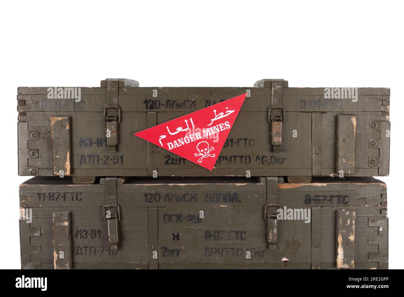 ArabicEnglish minefield warning red sign "Danger Mines". White skull