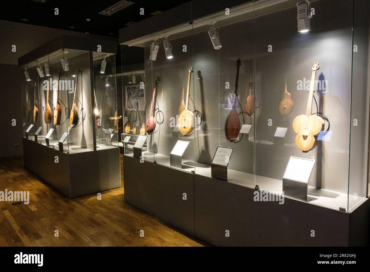 Kazakhstan, Almaty. Dombra Stringed Instruments on Display in the Kazakh Folk Musical Instruments Museum. Stock Photo