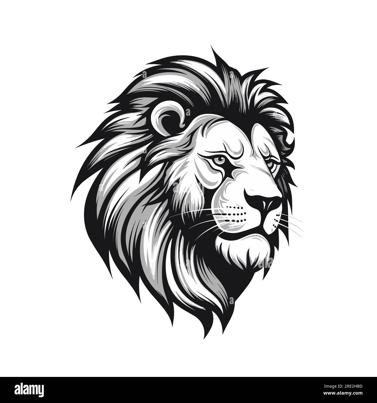 lion head black and white flat vector ink illustration Stock Vector