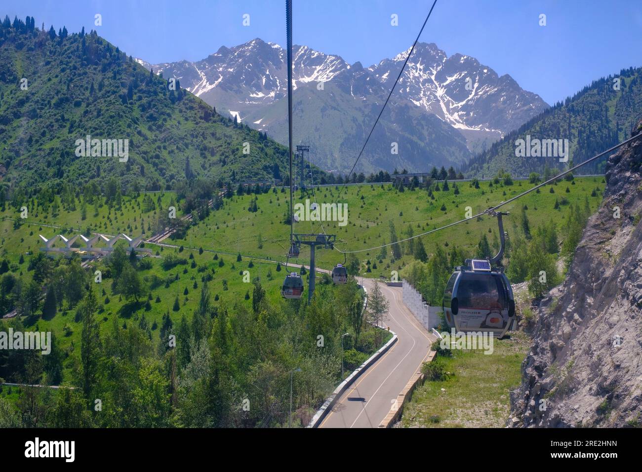 Kazakhstan, Almaty. Shymbulak Funicular Gondola to Skiing Area. Stock Photo