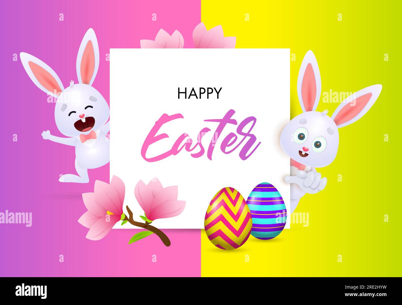 Happy Easter lettering with rabbits, flowers and eggs Stock Vector