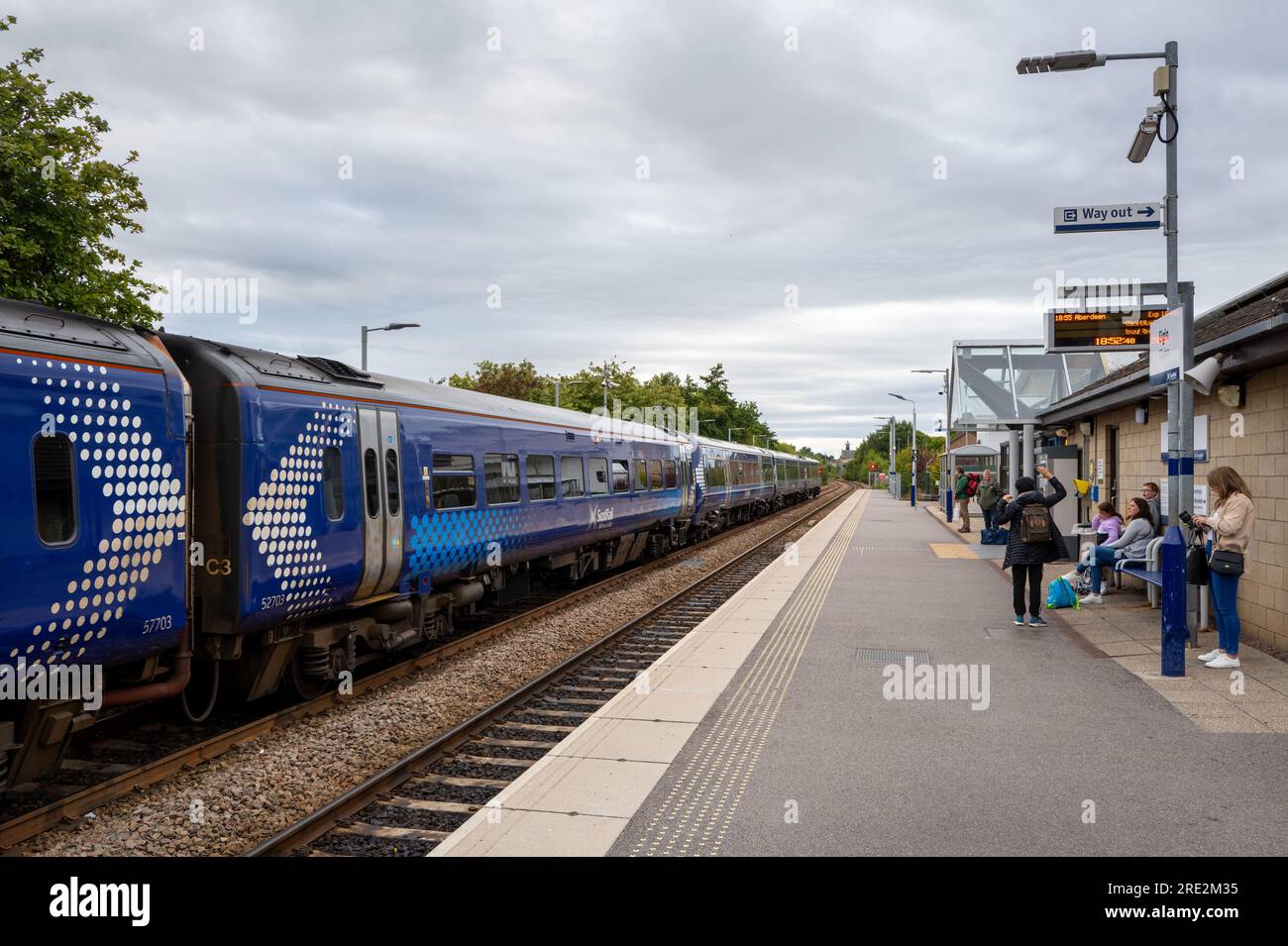 24 July 2023. Elgin,Moray,Scotland. This is Elgin Railway Station with passengers waiting. Stock Photo