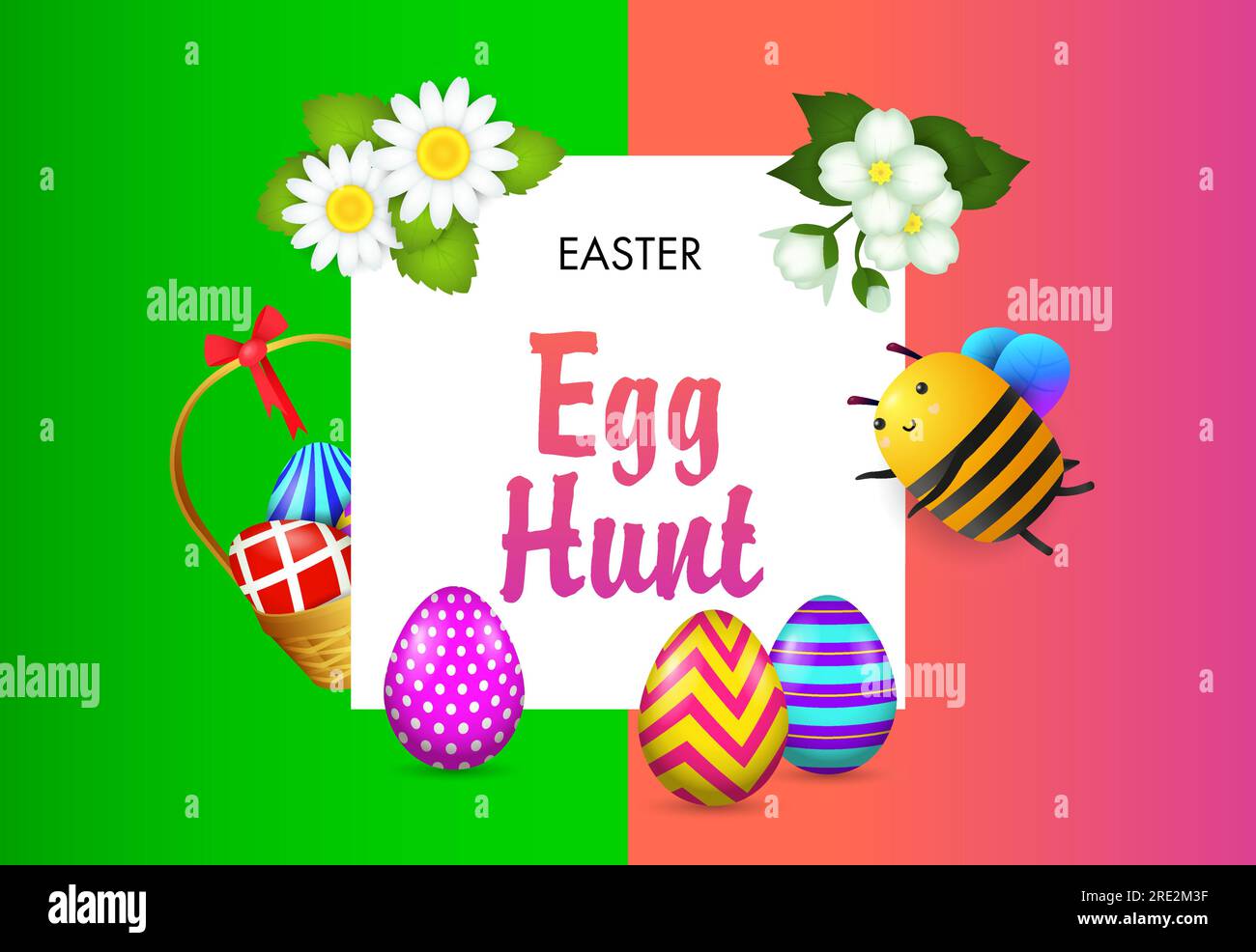 Egg Hunt lettering with painted eggs, flowers and bee Stock Vector ...