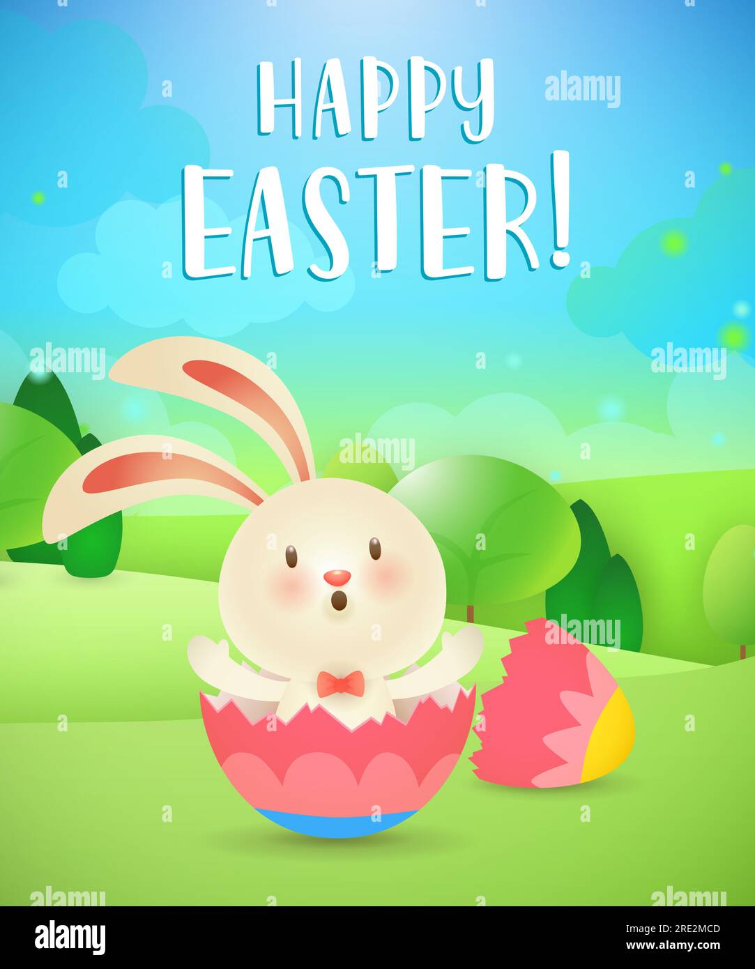 Happy Easter lettering, rabbit hatching from egg and landscape Stock Vector