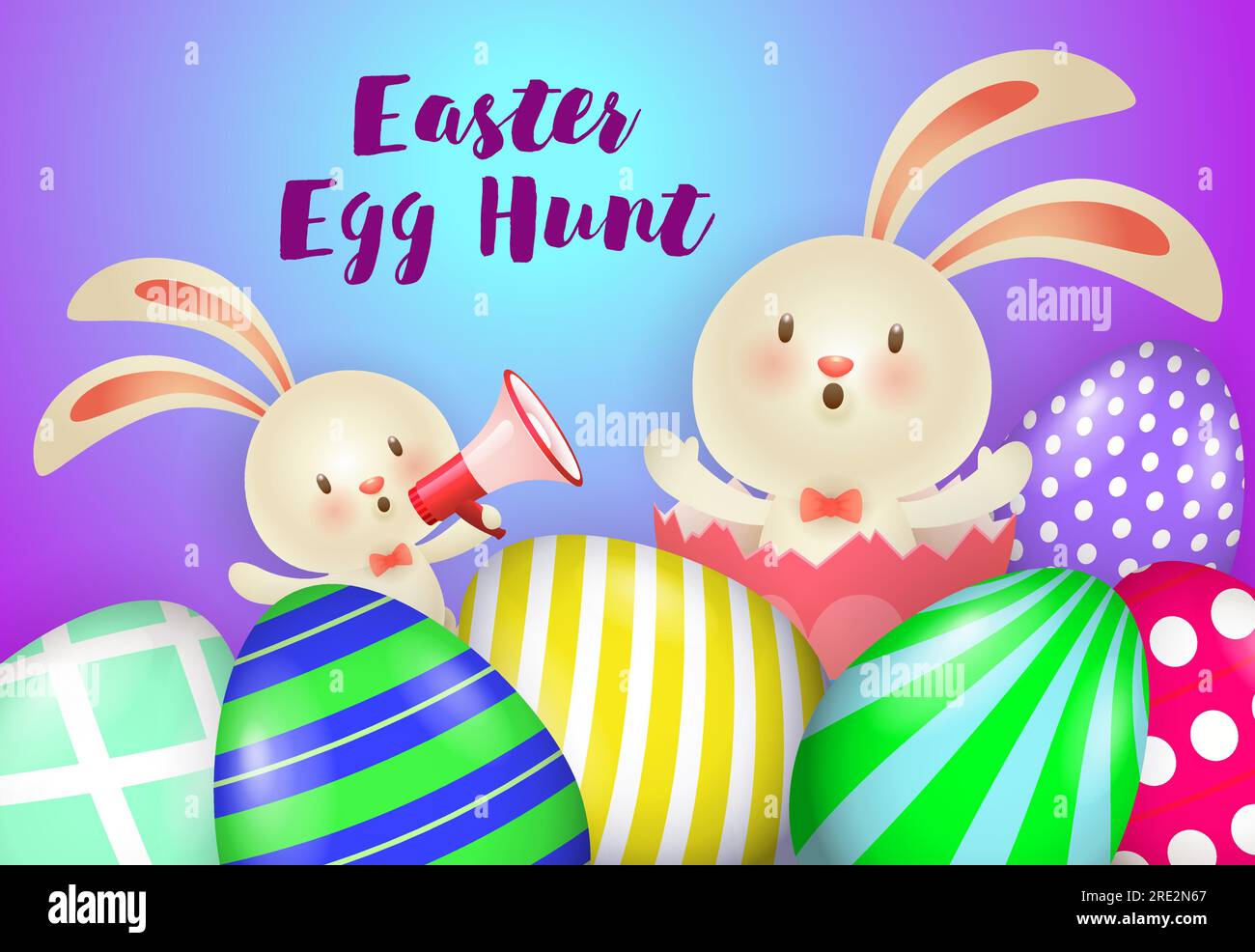 Easter Egg Hunt lettering, bunnies with megaphone and eggs Stock Vector ...