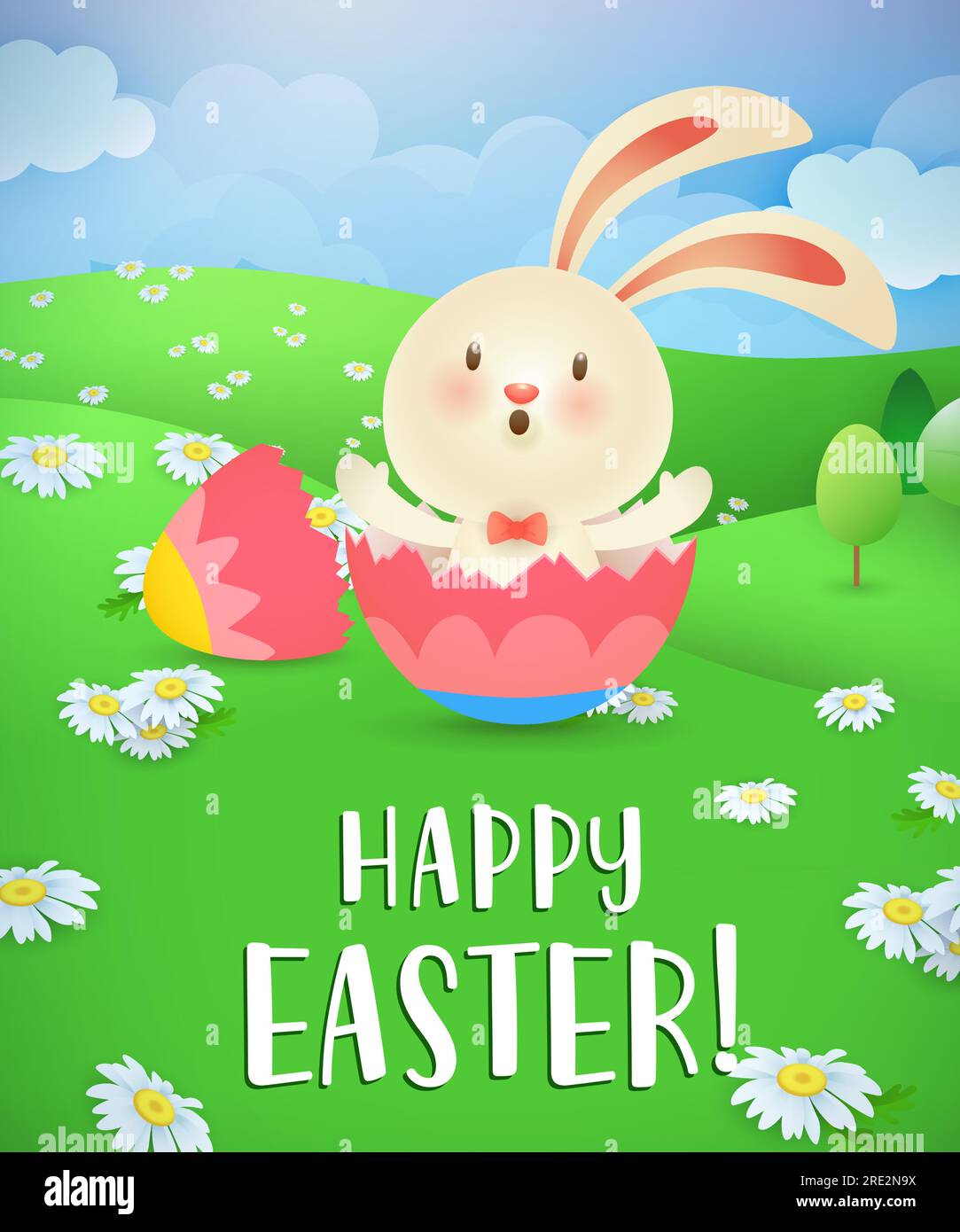 Happy Easter lettering, bunny hatching from egg and landscape Stock Vector