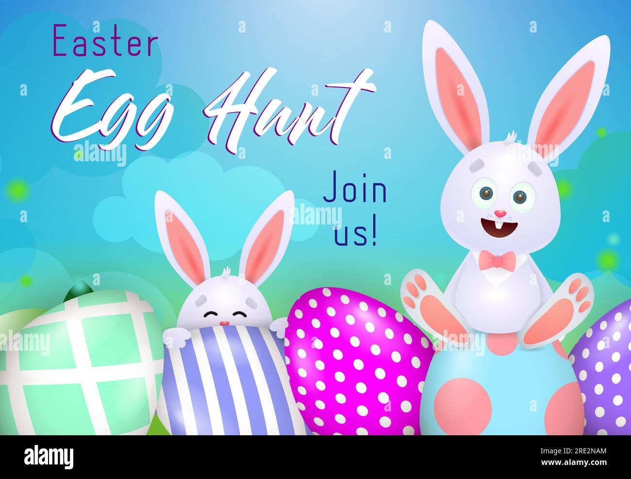 Egg Hunt lettering with funny rabbits and decorated eggs Stock Vector ...