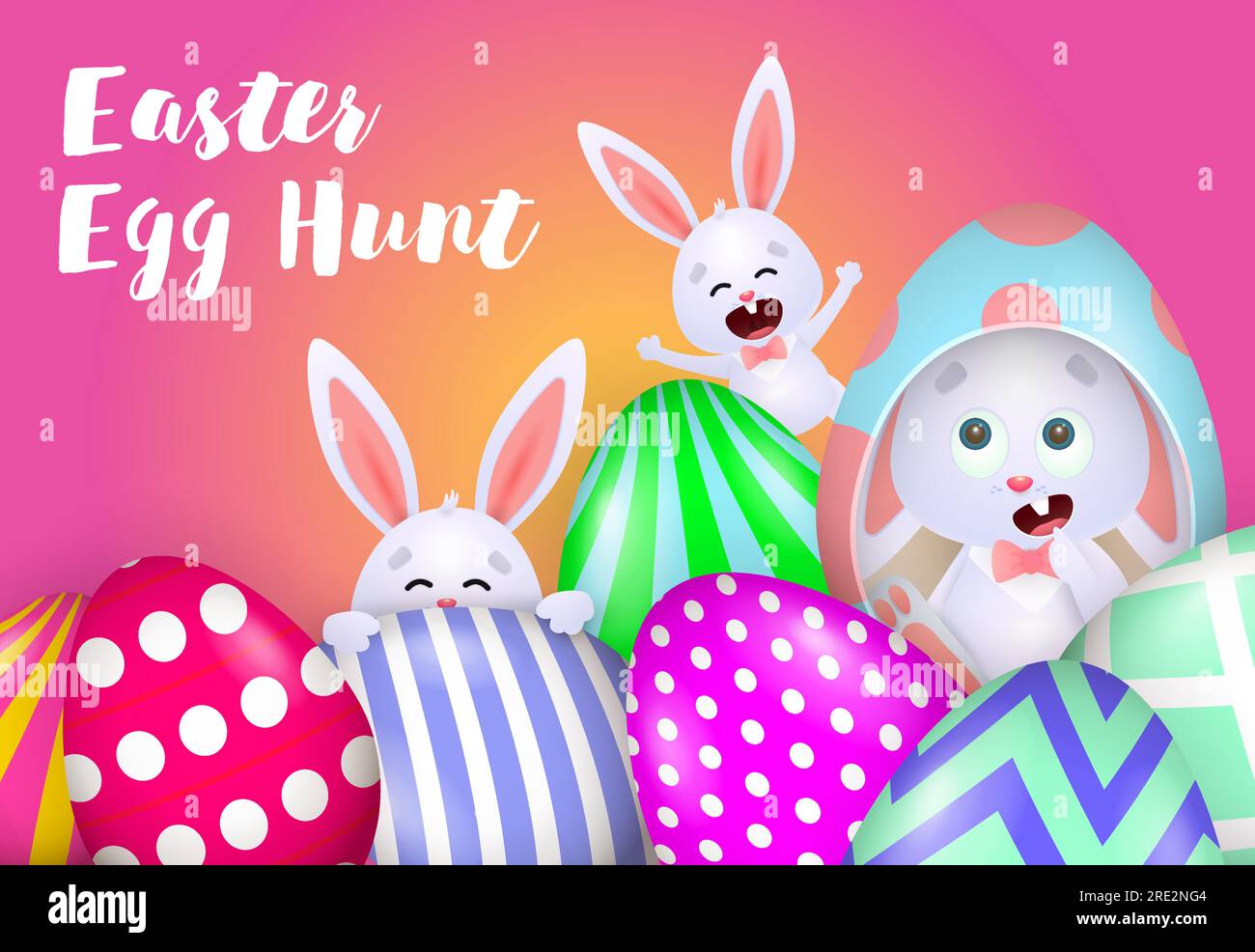 Easter Egg Hunt lettering with cute rabbits and decorated eggs Stock ...