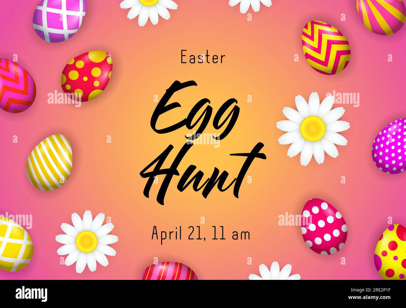 Egg hunt lettering with decorated eggs and flowers Stock Vector Image ...