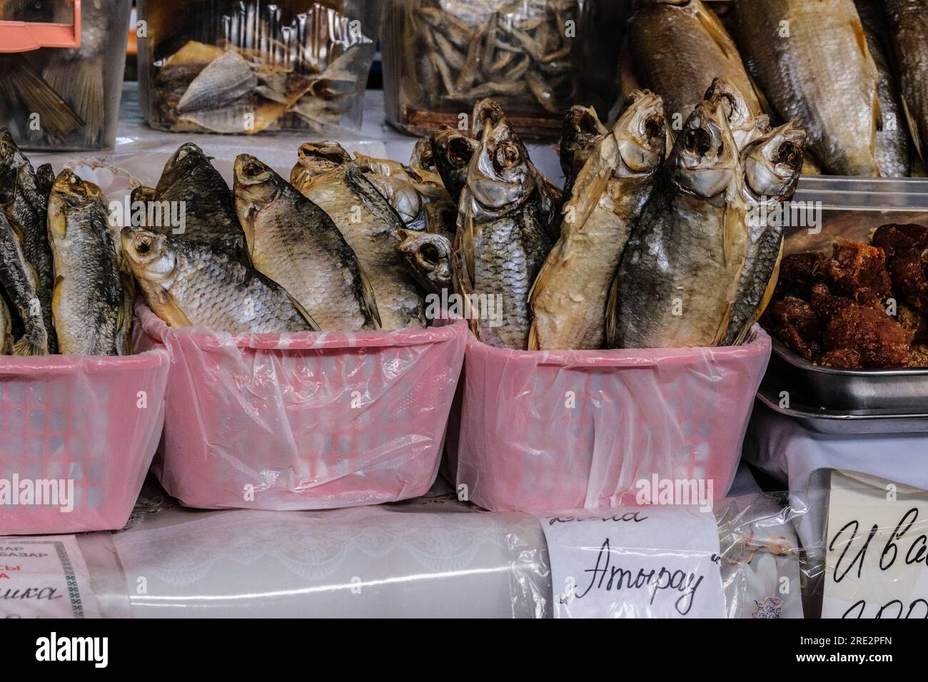 Kazakhstan, Almaty. Green Bazaar, Fish for Sale. Stock Photo