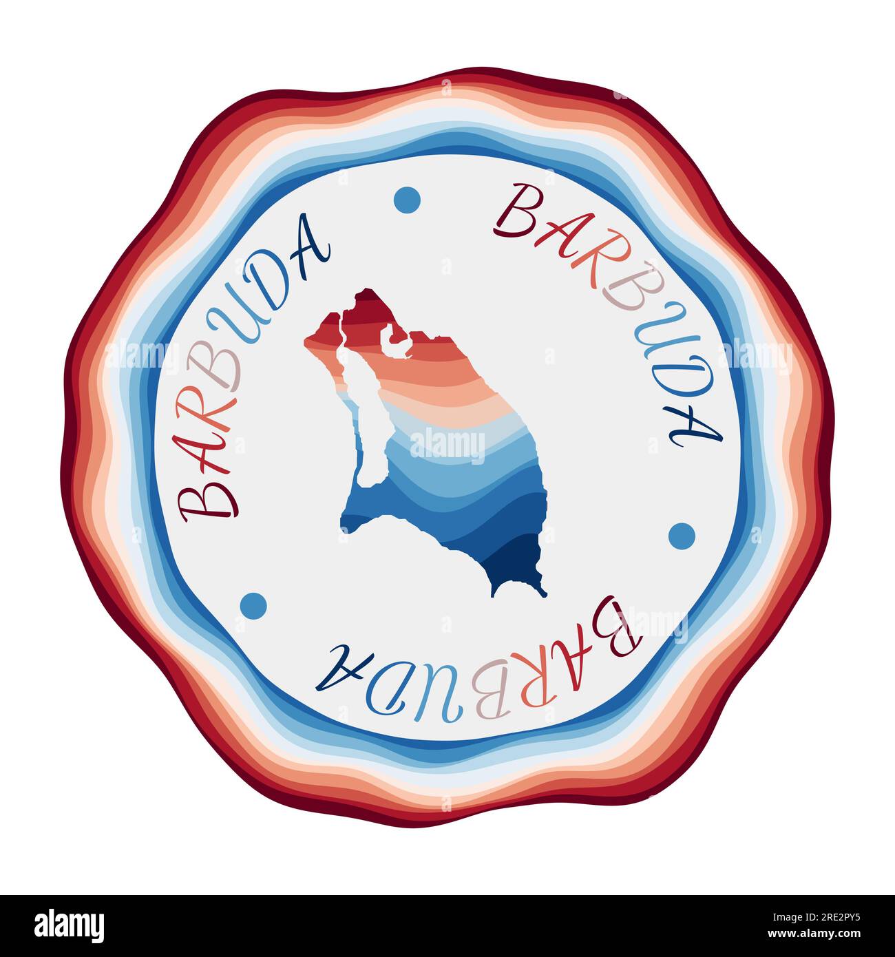 Barbuda badge. Map of the island with beautiful geometric waves and vibrant red and blue frame. Vivid round Barbuda logo. Vector illustration. Stock Vector