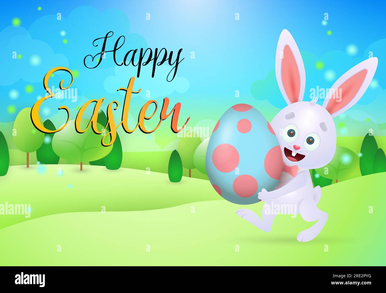 Happy Easter lettering with bunny carrying egg on meadow Stock Vector ...