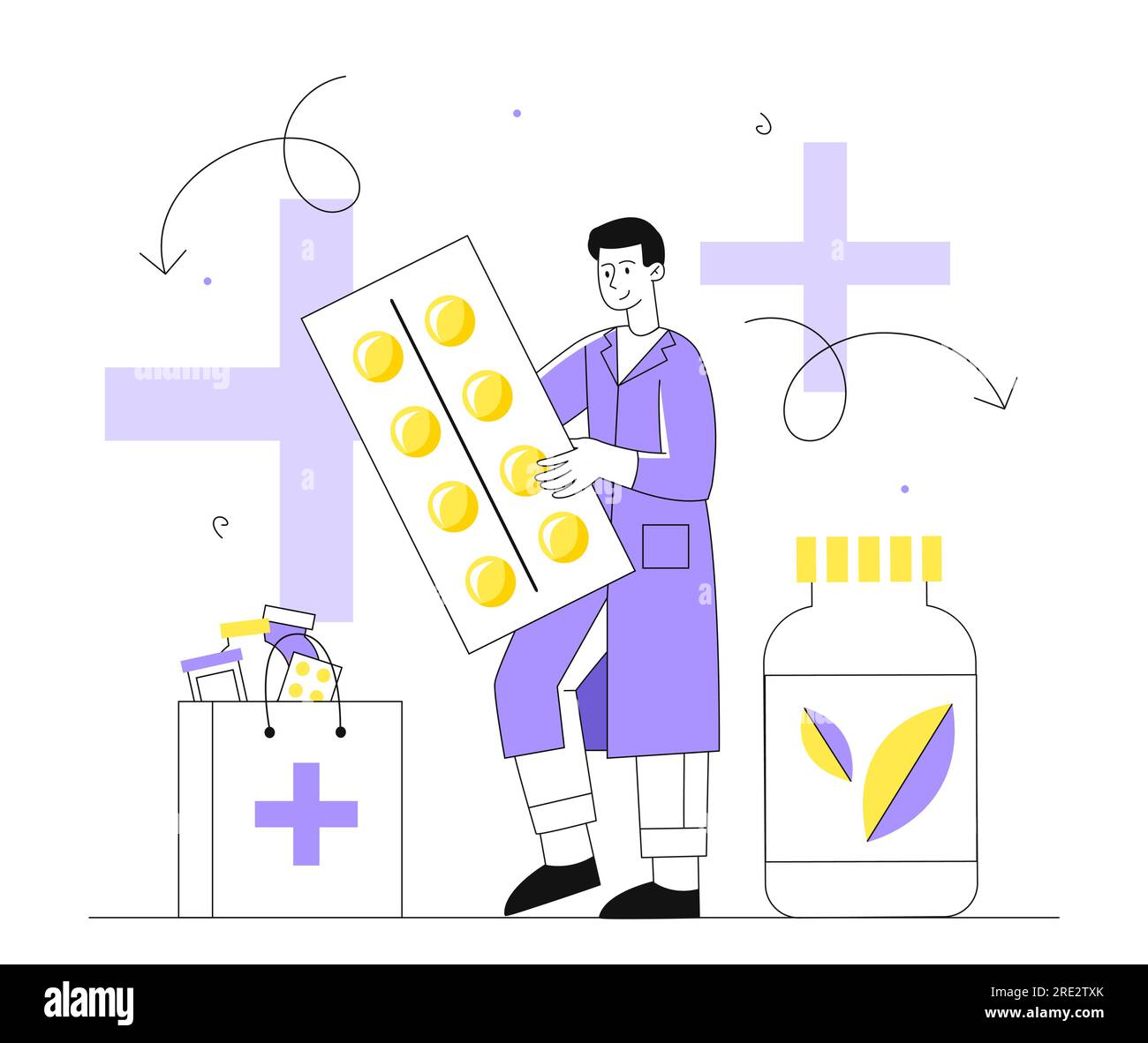 Doctor with pills line vector concept Stock Vector