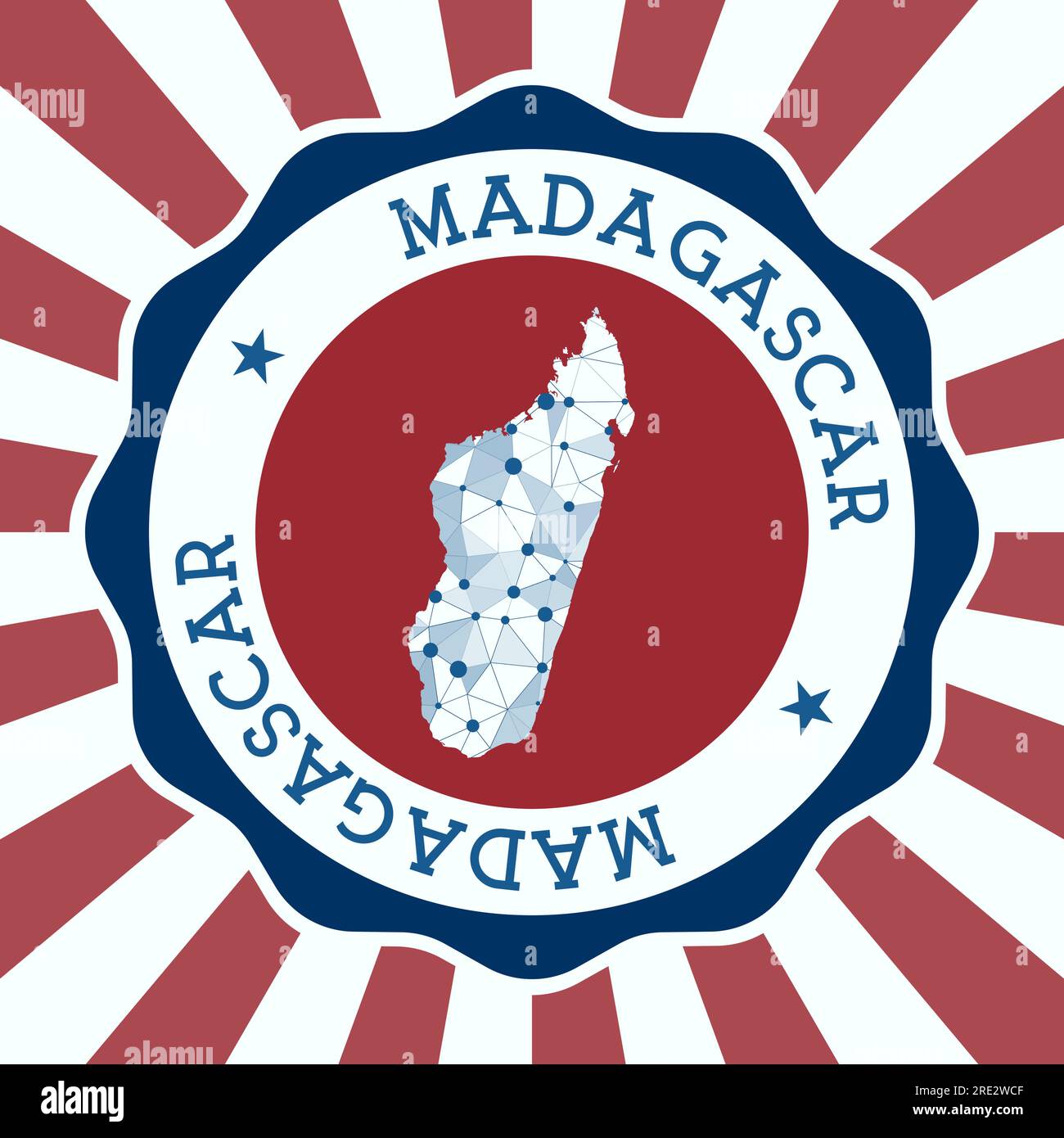 Madagascar Badge. Round logo of country with triangular mesh map and radial rays. EPS10 Vector. Stock Vector