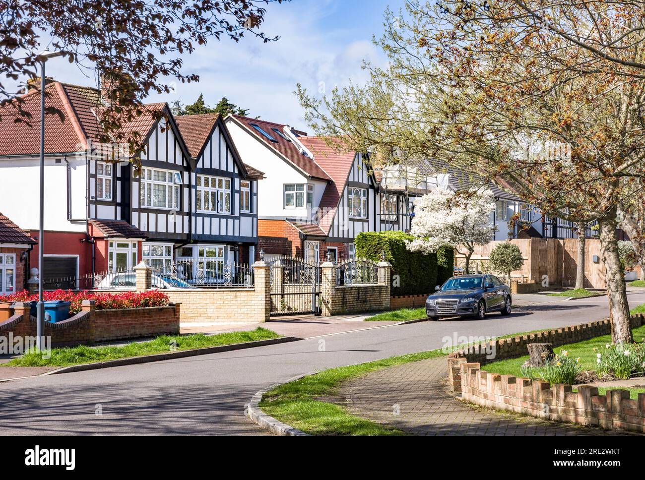Tudor-style semi-detached houses on a suburban street in Hatch End, Harrow, London, UK Stock Photo