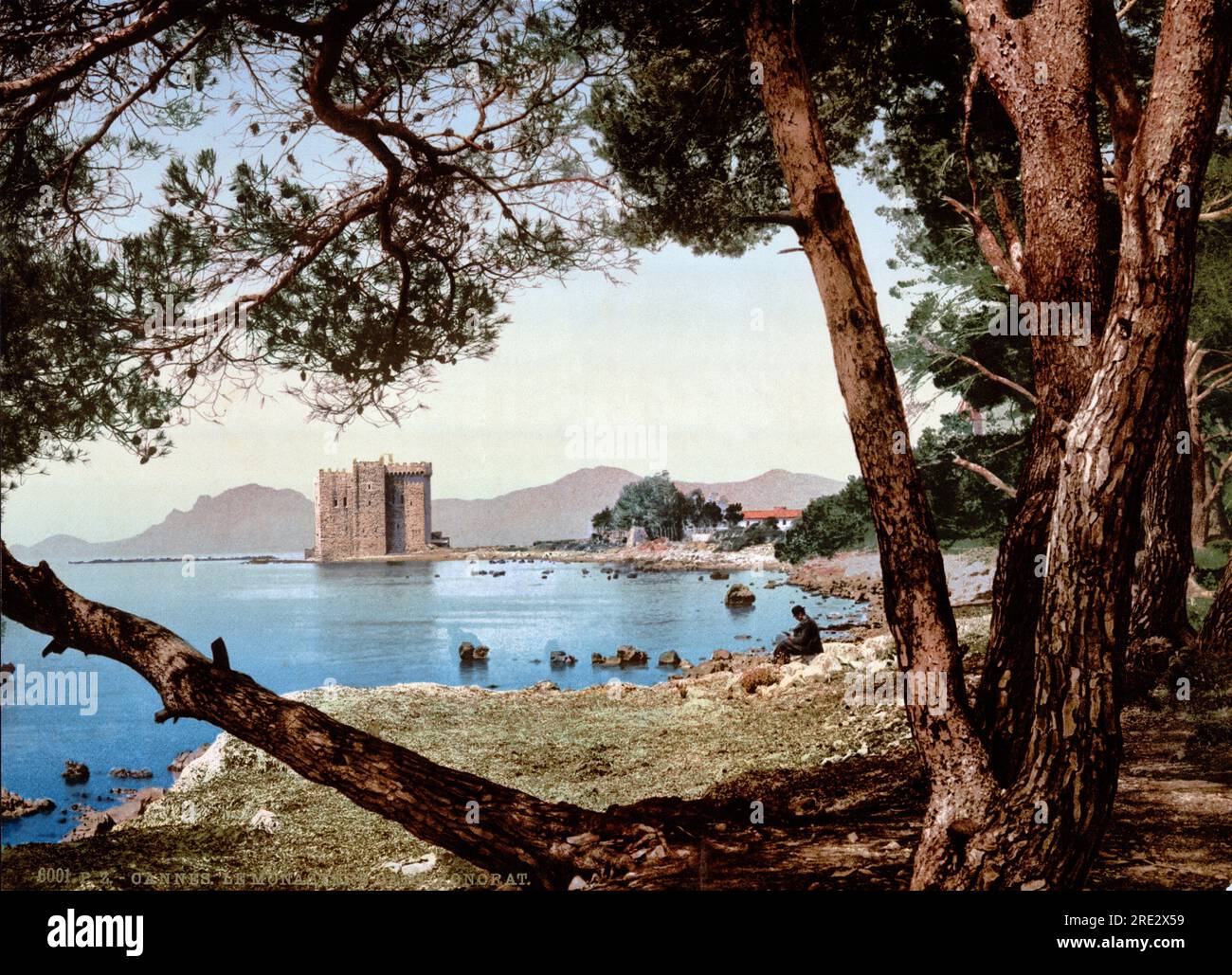 Cannes, France:  c. 1890 A photochrome of the monastery of Abbey Lérins on St. Honorat in Cannes on the French Riviera. Stock Photo