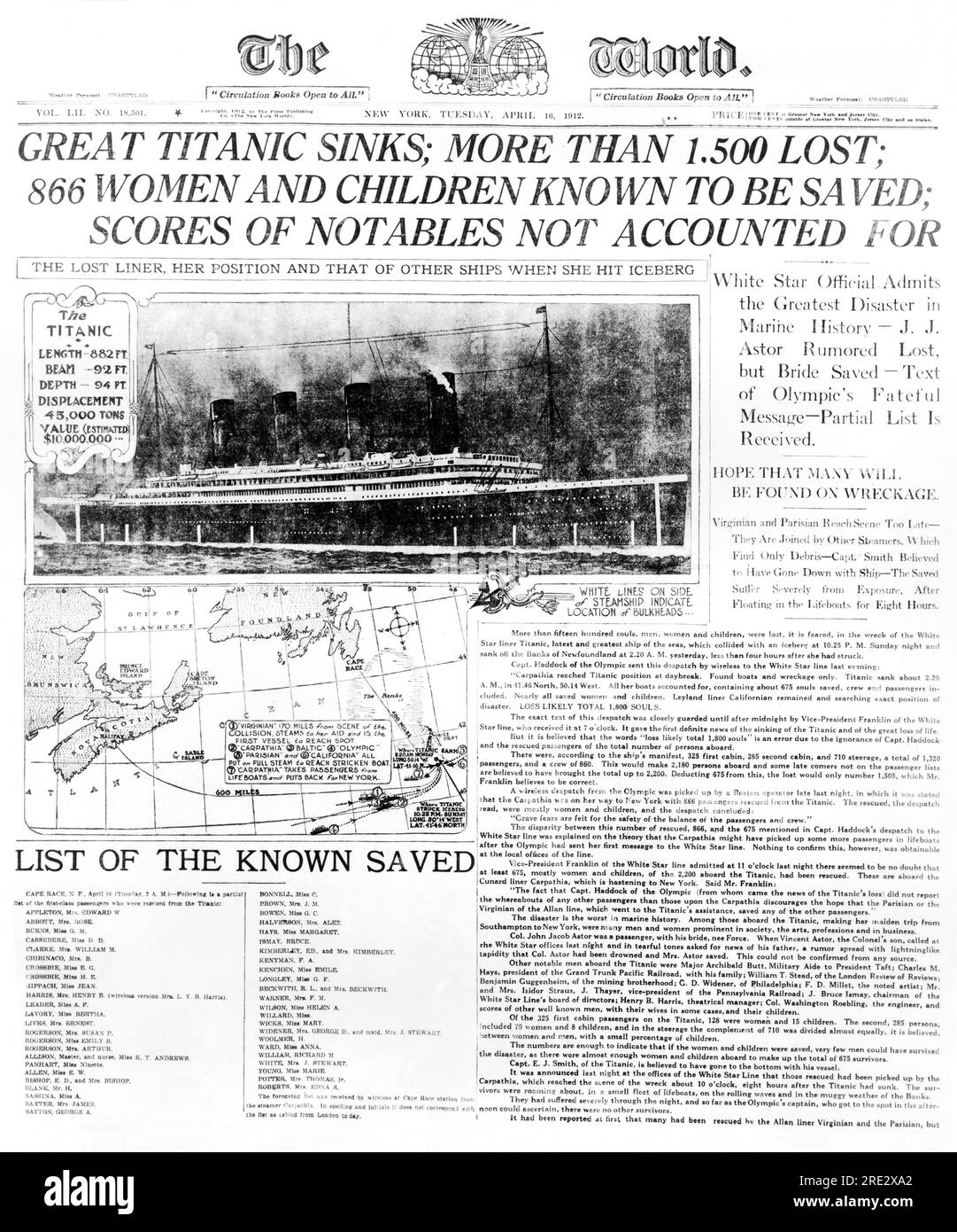 New York, New York:  April 16, 1912 The front page of The World newspaper headlining the sinking of the British White Star liner, the RMS Titanic on April 15, 1912. Stock Photo