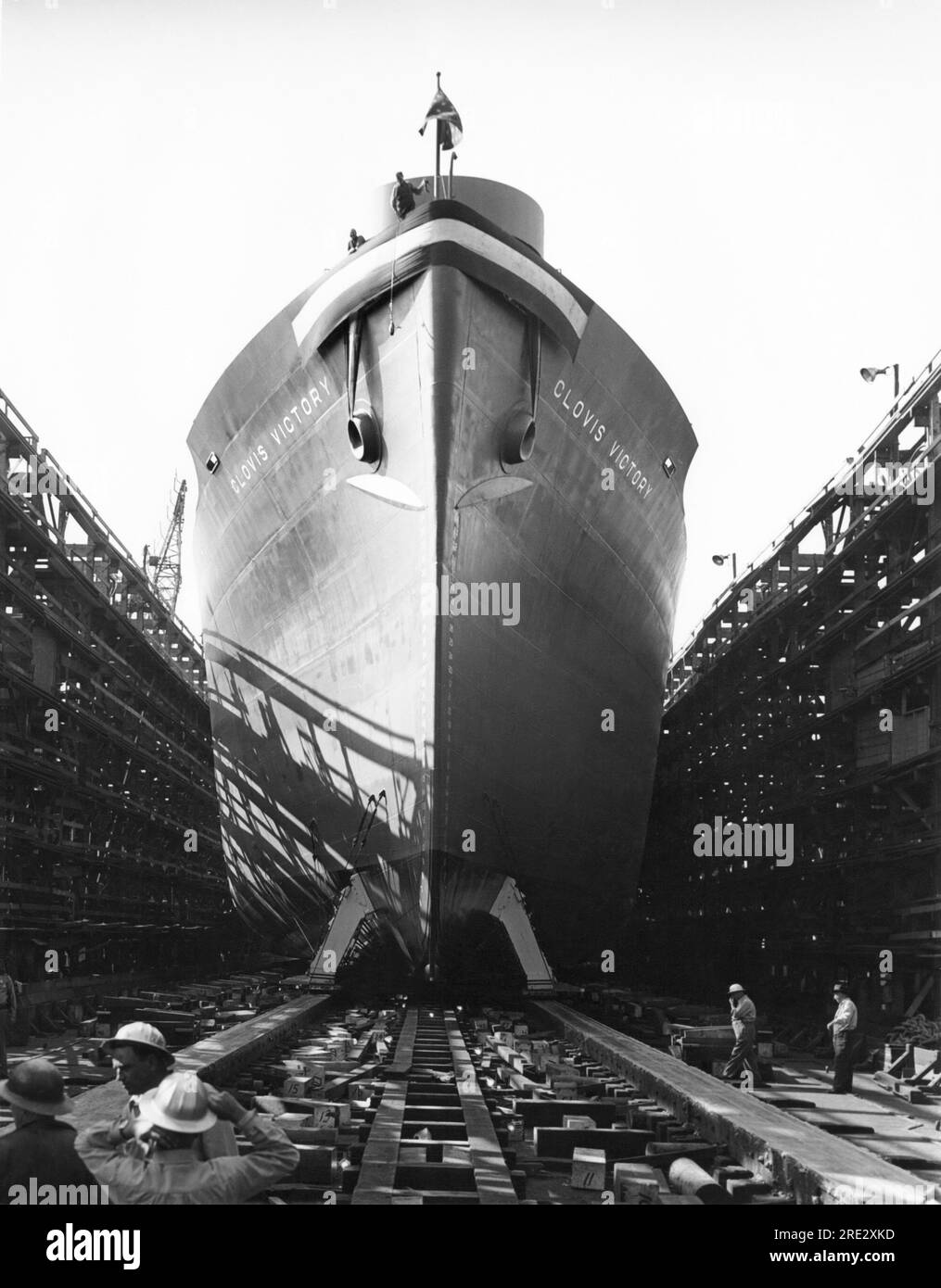Long Beach, California:  July 8, 1944 The launching of the WWII Victory ship, the S.S. Clovis Victory, at the Terminal Island shipbuilding yard. Stock Photo
