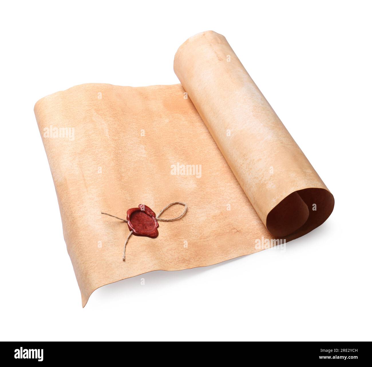 Sheet of old parchment paper with wax stamp on white background. Space