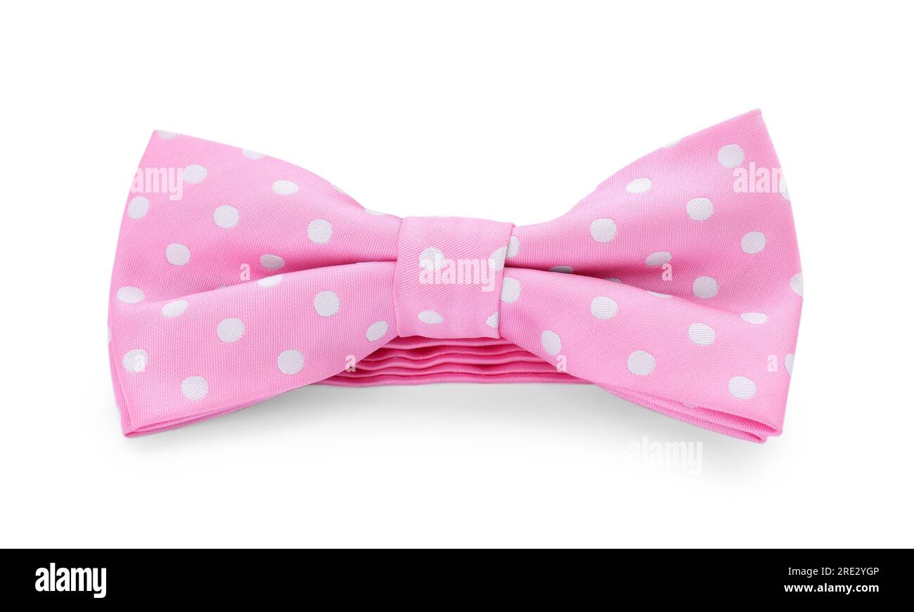 Stylish pink bow tie with polka dot pattern on white background Stock Photo
