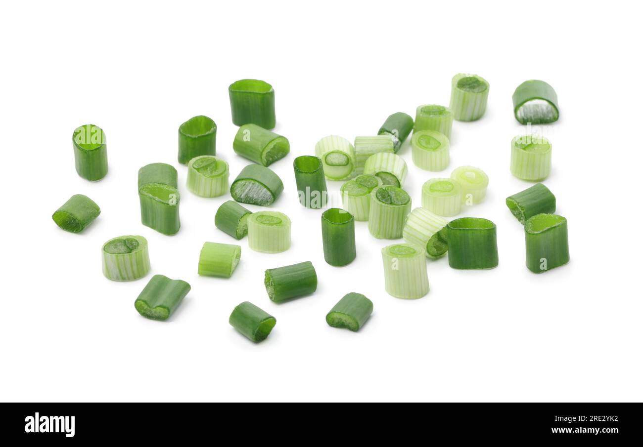 Chopped fresh green onions on white background Stock Photo - Alamy