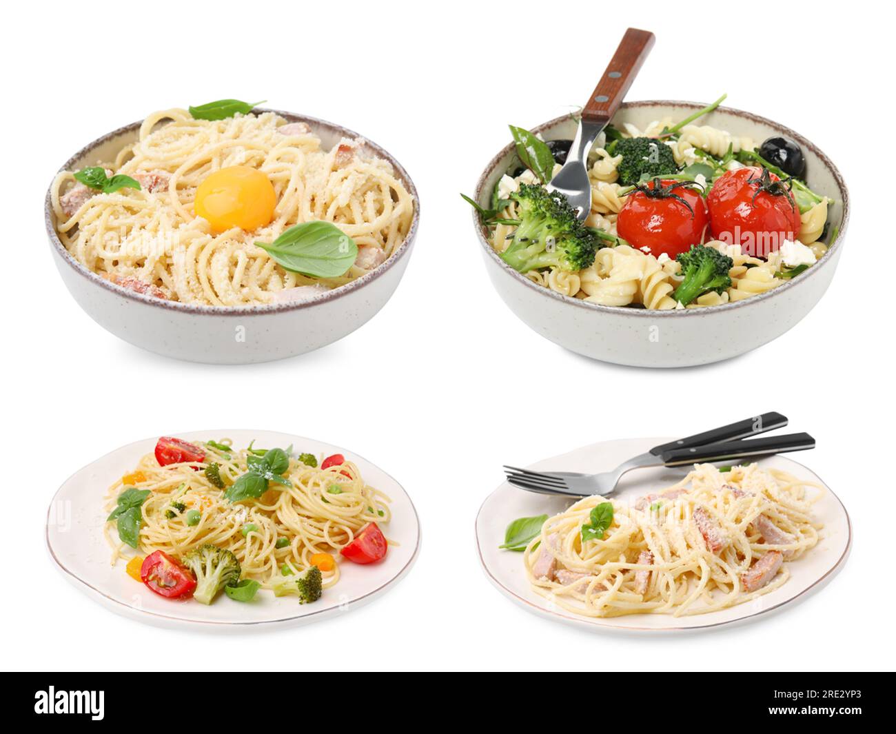 Set of different pasta dishes isolated on white Stock Photo