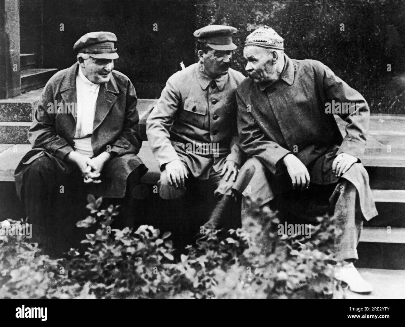 Moscow, Russia, August 3, 1931 Yenekidsky, Josef Stalin and Maxim Gorky photographed during the parade of Physical Culturists in the Red Square of Moscow on the occasion of the 10th anniversary of the Red Sport and International Red Day. Stock Photo