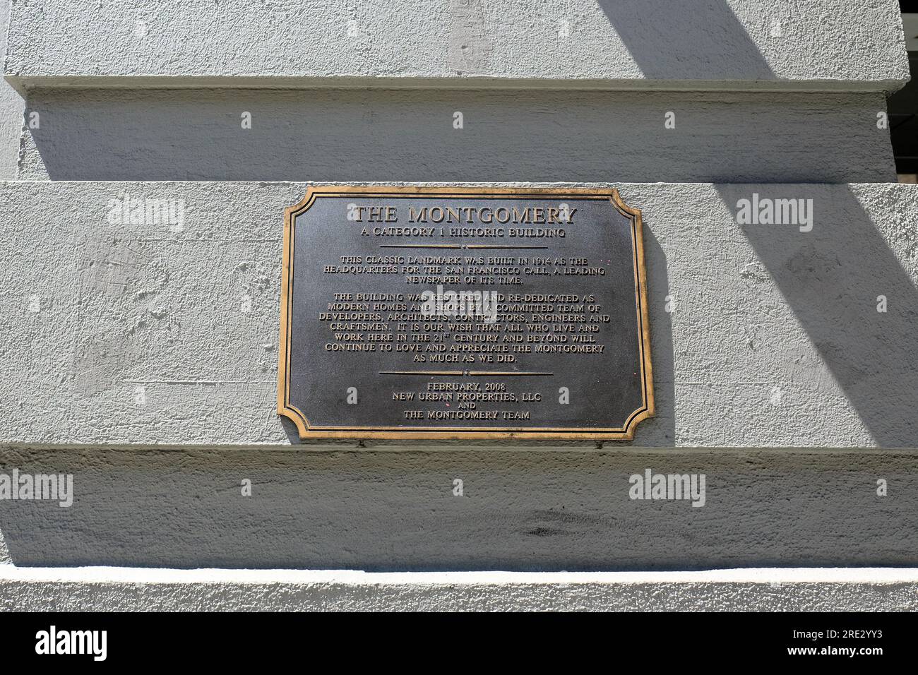 Plaque commemorating The Montgomery building in downtown San Francisco, California, as a Category 1 Historic Building converted into condominiums. Stock Photo