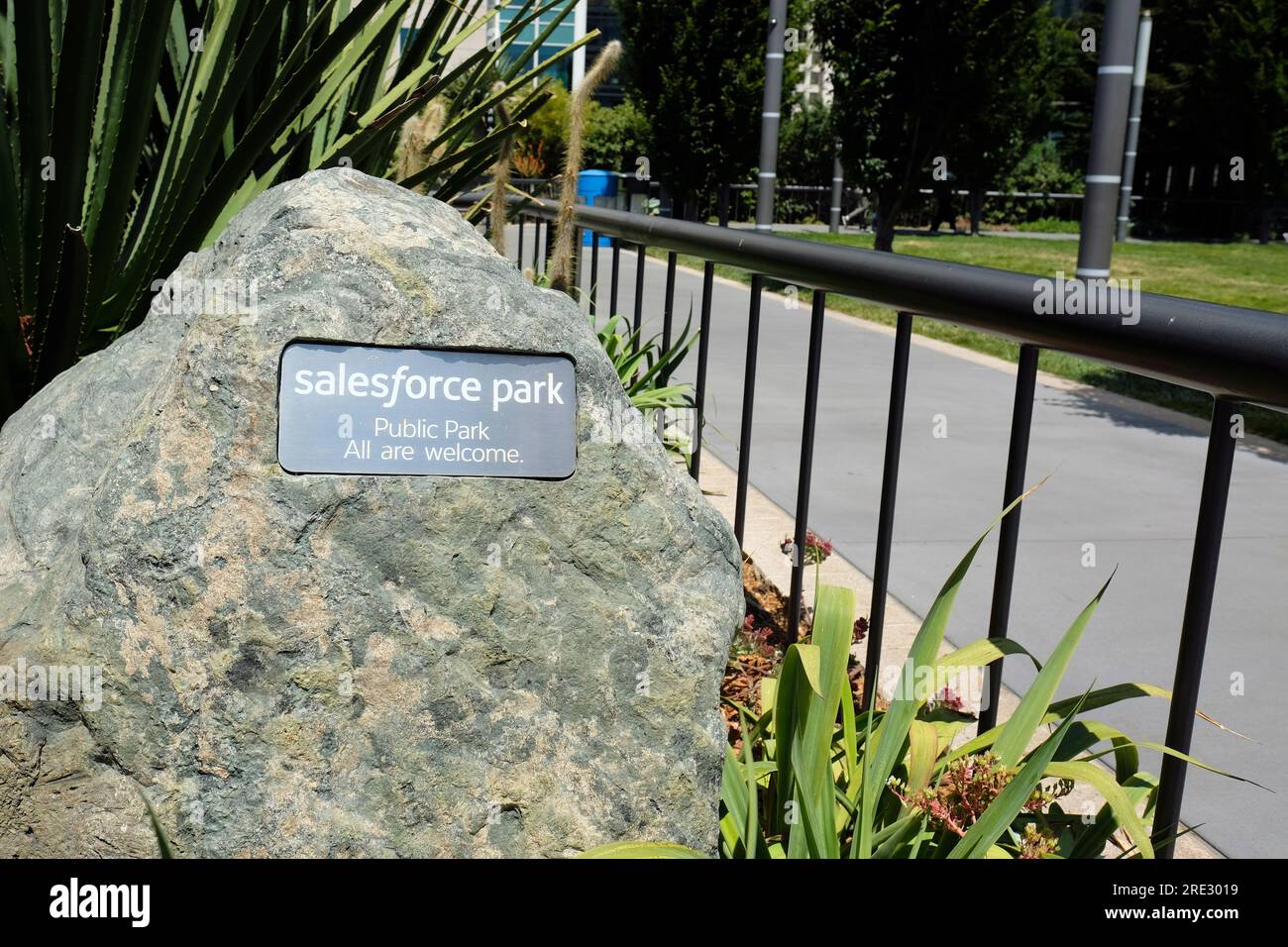Salesforce Park sign embedded into boulder stating Public Park All Are Welcome; located above the Salesforce Transit Center, San Francisco, California Stock Photo