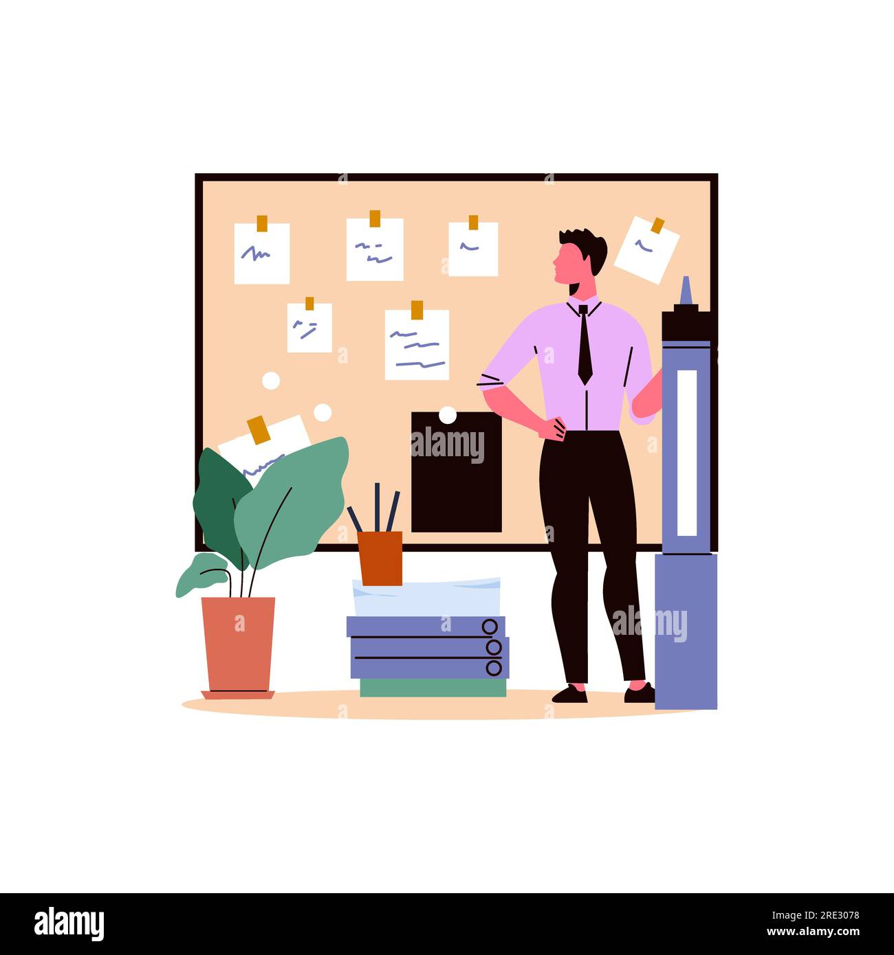 Businessman in the office standing in front of strategic  board Business  illustration in a flat style Stock Vector