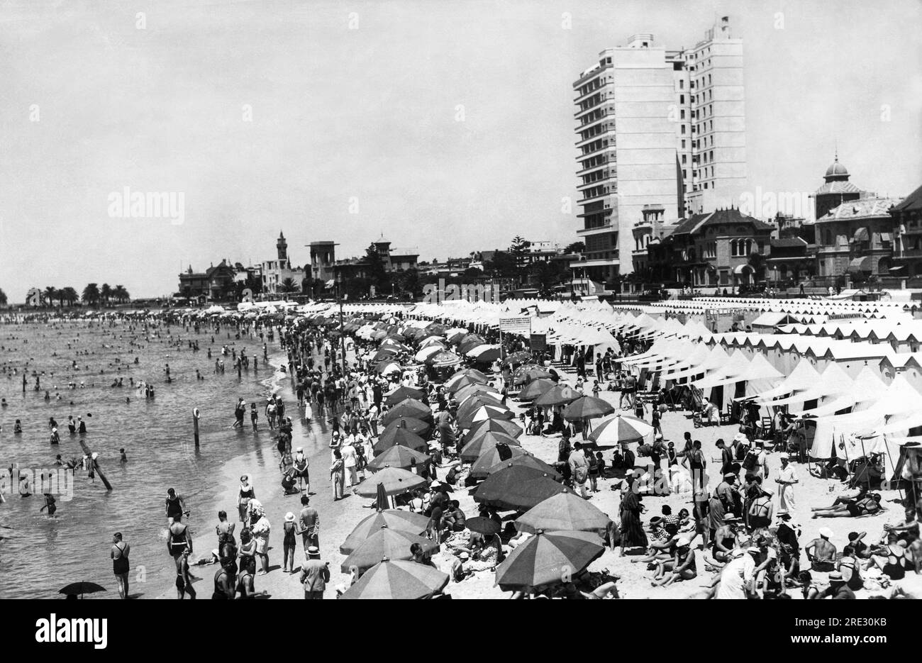 Montevideo, Uruguay:  c. 1928 Playa Pocitos in Uruguay. Stock Photo