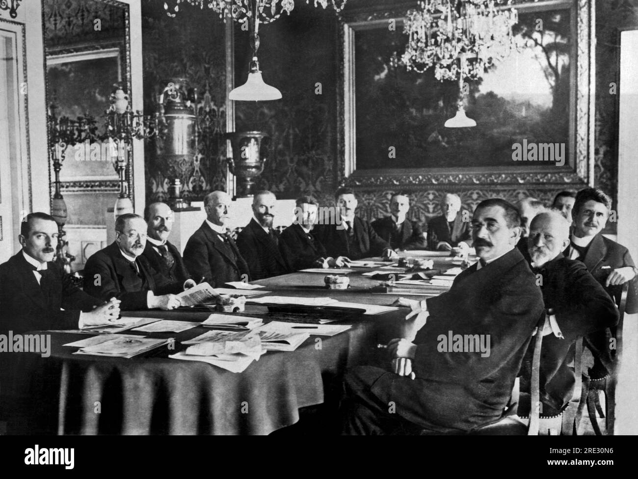 Weimar, Germany:   March, 1919 Newly elected at the first National Assembly of the German Republic in the Royal Theatre in Weimar is Chancelllor Scheideman, 4th from left, and his Cabinet. Stock Photo