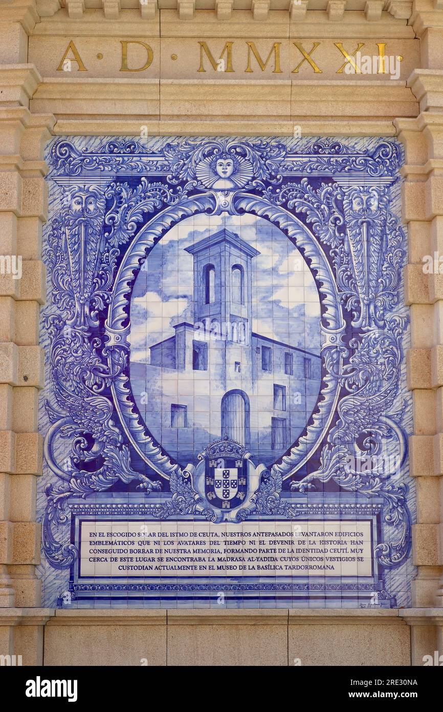 Architectural decorative Azulejo blue tiles, in remembrance of the historic Old Convent of the Trinitarians, Paseo Alcalde Sánchez Prados, Ceuta. Stock Photo