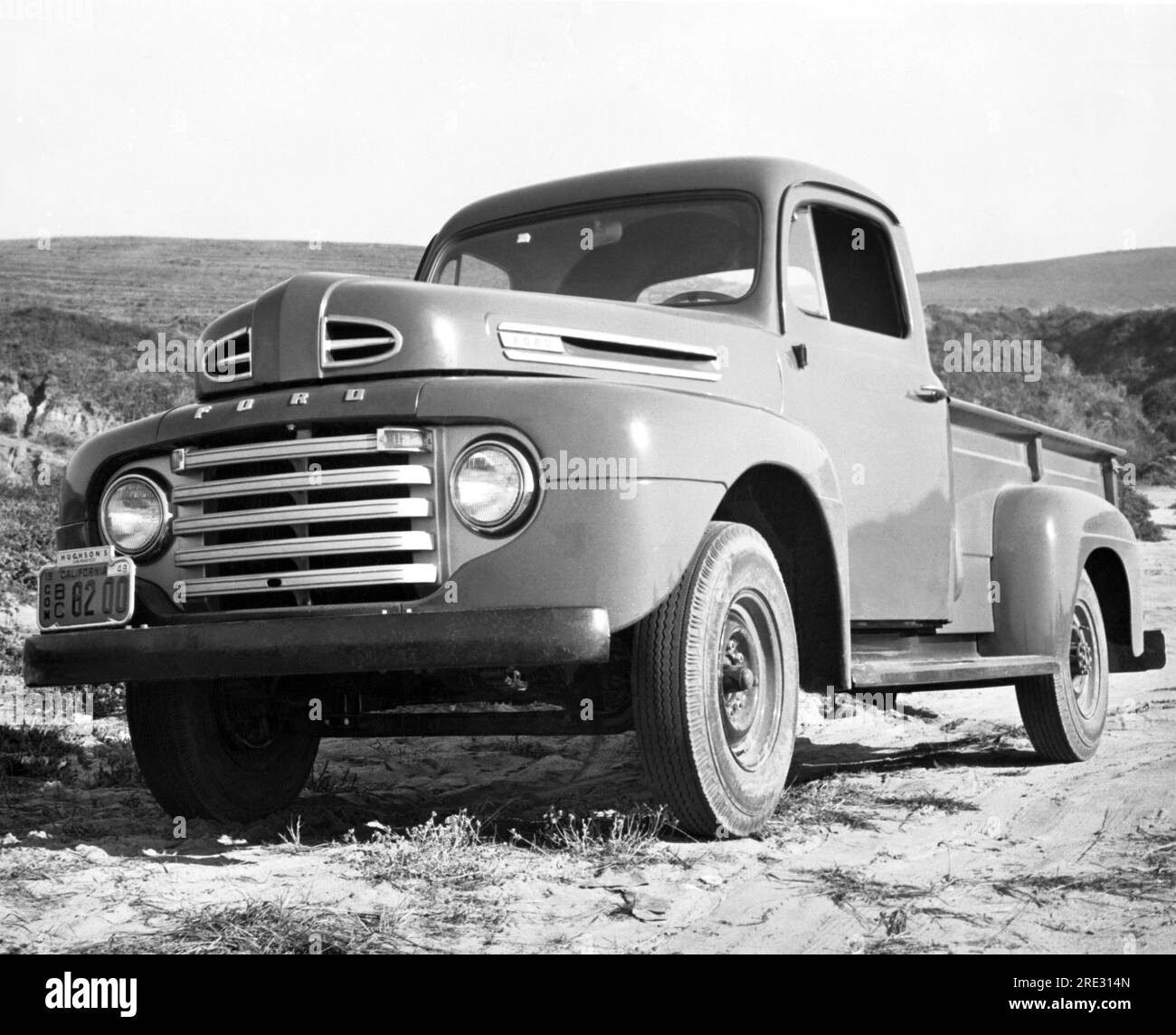 California:  1948 A Ford pickup truck parked in the country. Stock Photo