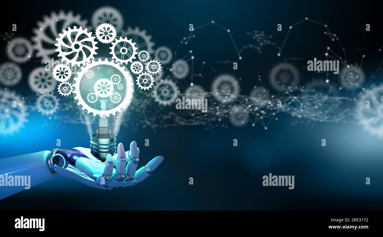 Ai Robot Hand holding Creative light bulb with cog inside. Innovation business idea knowledge, Planing strategy, Analysis solution development. Stock Photo