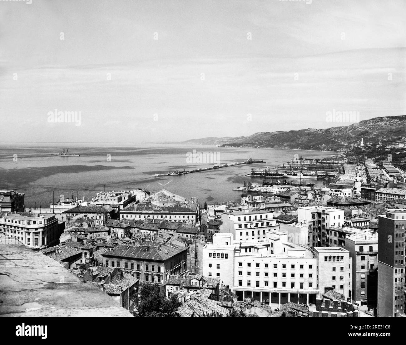 Trieste, Italy:  May 16, 1947 The Adriatic harbor of the Free Territory of Trieste. The Paris Peace treaty of February, 1947 established its independence. Stock Photo