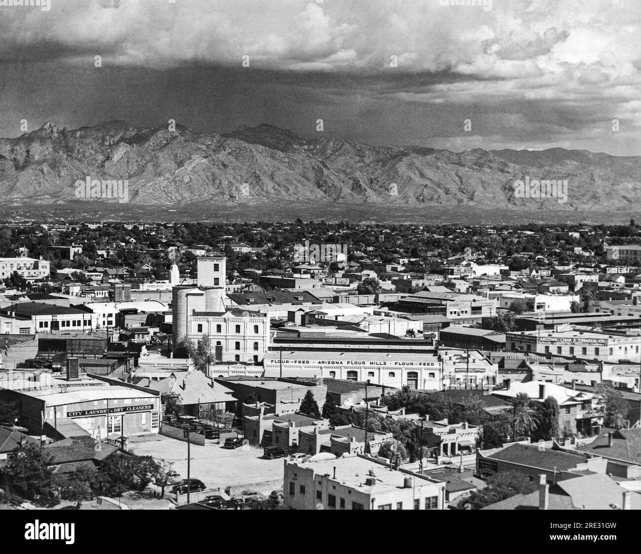 Tucson, Arizona c 1935 The city of Tucson with the mountains behind it