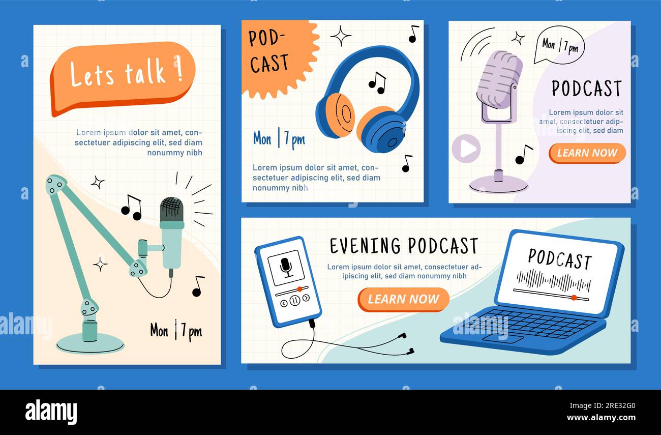 Banners with podcasts elements vector set Stock Vector