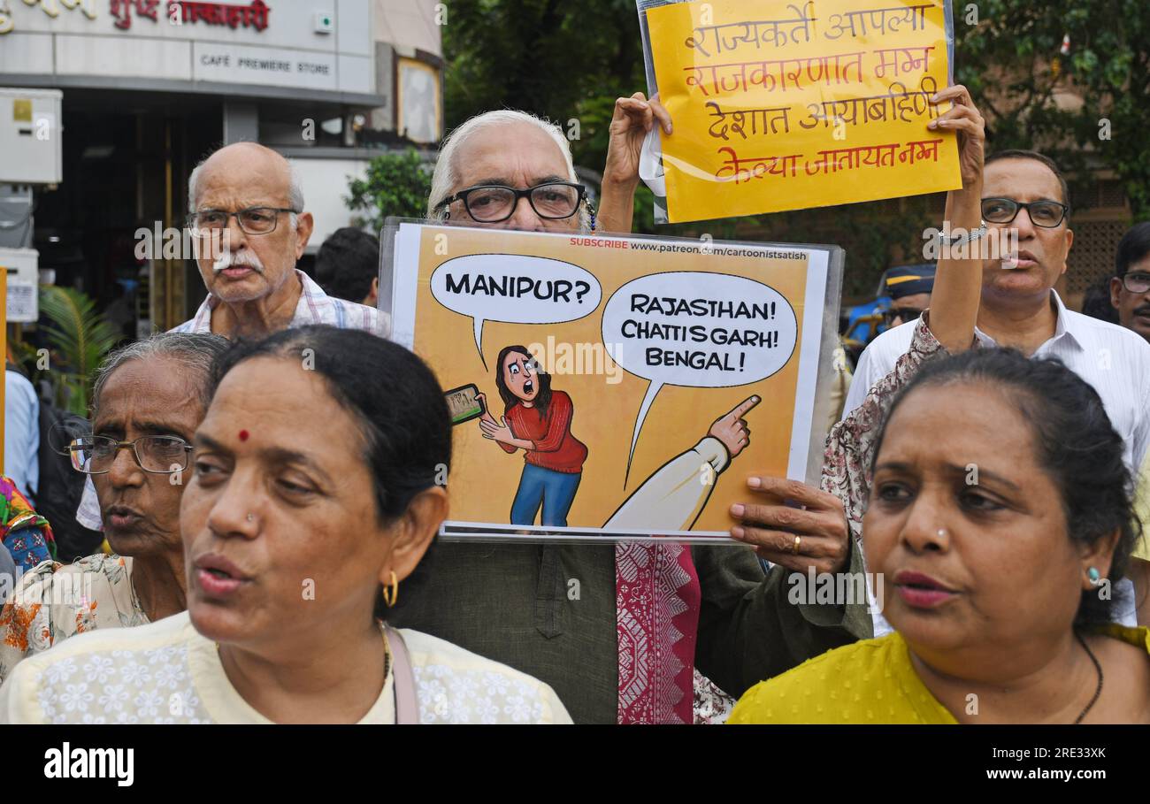 Mumbai, India. 24th July, 2023. Protesters hold placards expressing their opinion during a demonstration against the Manipur violence in Mumbai. Violence in Manipur broke out between the people of Meitei and tribal Kuki community affecting men, women and children who have taken shelter in refugee camps. Meiteis have accused the Kukis to be illegal outsiders and narco terrorists occupying their land illegally. (Photo by Ashish Vaishnav/SOPA Images/Sipa USA) Credit: Sipa USA/Alamy Live News Stock Photo